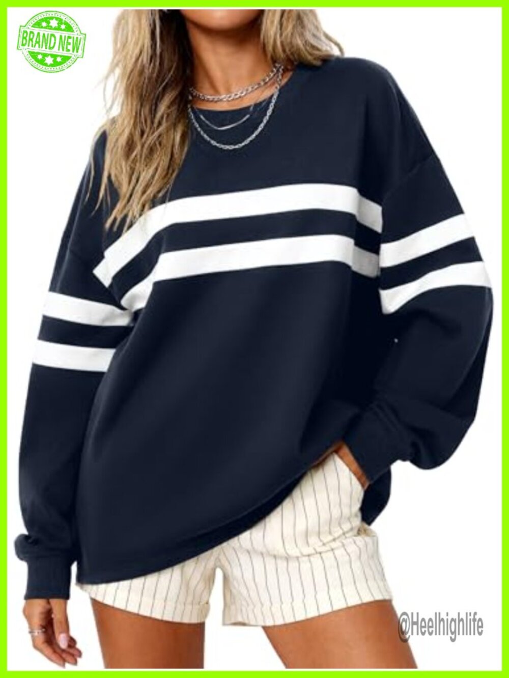Womens Striped Oversized Sweatshirt Crewneck Pullover Fall Tunic Top